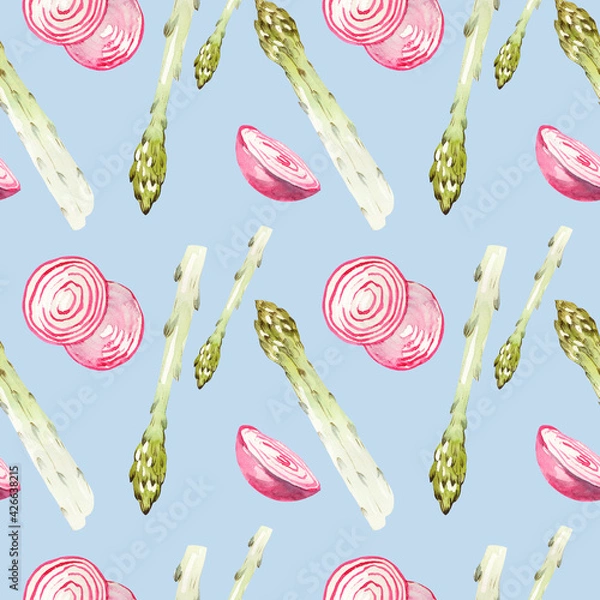 Fototapeta Asparagus and onions on a blue background. Watercolor seamless print. Pattern with vegetables for kitchen and cafe. Vegan pattern with asparagus and onions.