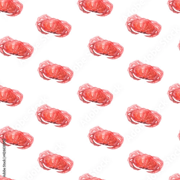 Fototapeta Seamless watercolor pattern with red crabs on a white background. Seafood print. Mediterranean Kitchen.