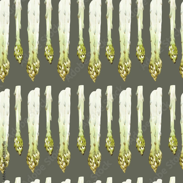 Fototapeta Seamless watercolor pattern with asparagus on a green background. Vegan print with asparagus. Healthy and healthy food.
