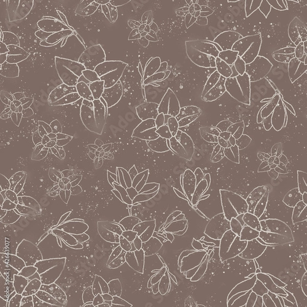 Fototapeta seamless pattern with flowers and buds in line art style