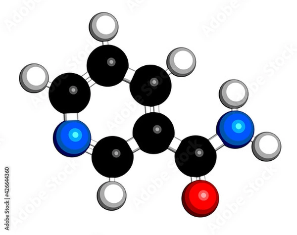 Obraz Nicotinamide drug and vitamin molecule. 3D rendering. Atoms are represented as spheres with conventional color coding.