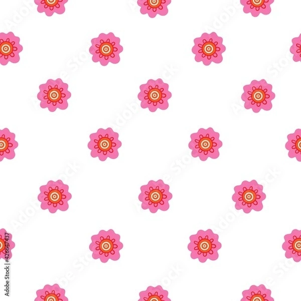 Fototapeta Seamless pattern with  cartoon tulips on white background. Floral print with plants. Abstract vector flowers.