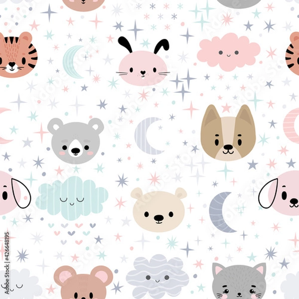 Fototapeta Cute seamless pattern for kids with cartoon little animals. Children background with moon, stars and clouds. Lovely art print