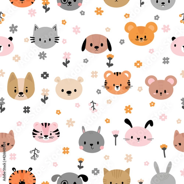 Obraz Seamless childish pattern with cute smiley animal faces. Creative baby texture for fabric, nursery, textile. Flat design