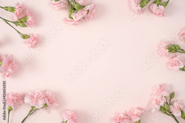 Fototapeta Design concept of Mother's day holiday greeting with carnation bouquet on pink table background