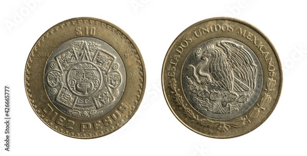 Fototapeta Diez Pesos of Mexico coin of 2006 representing the Aztec sun stone, obverse and reverse.