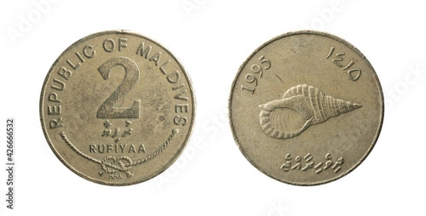Fototapeta Maldives 2 Rufiyaa coin of 1995 with a Conch shell, obverse and reverse.