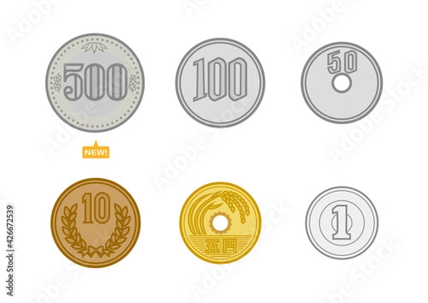 Fototapeta 日本のお金のセット 新500円硬貨 100円 50円 10円 5円 1円 イラスト ベクター