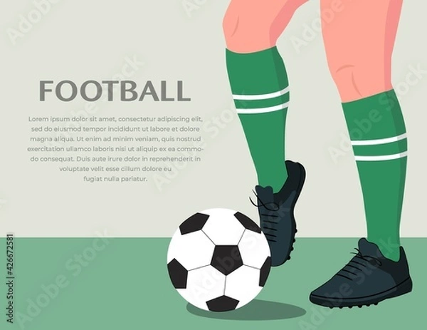 Obraz Banner of Soccer concept, Kicking Ball. Illustration of football player playing ball. Soccer player hits a ball. close up legs and feet of football player with ball, Vector Illustration