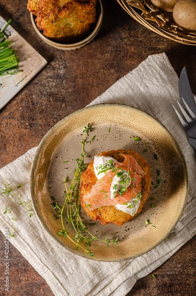 Obraz Delicious latkes with salmon