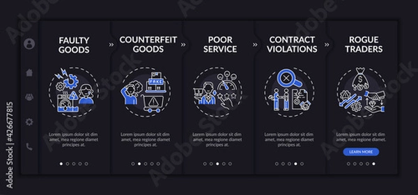 Fototapeta Buyer allegations onboarding vector template. Responsive mobile website with icons. Web page walkthrough 5 step screens. Counterfeit goods, poor service night mode concept with linear illustrations