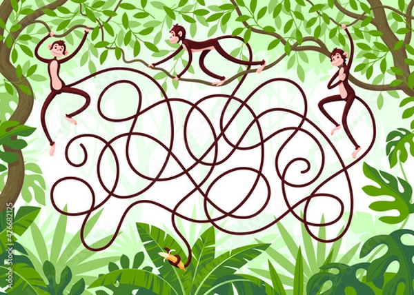 Fototapeta Three monkeys with long tails hang from vines in the jungle. Guess which monkey grabbed a banana with its tail? Children's puzzle with a labyrinth.