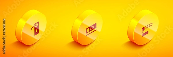 Obraz Set Isometric Door handle, Key card and Marked key icon. Vector