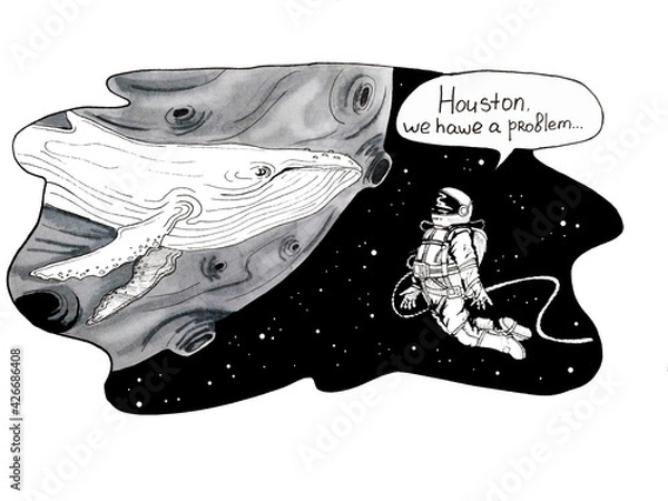 Fototapeta black and white picture drawn by hand with markers. Astronaut in outer space met a whale