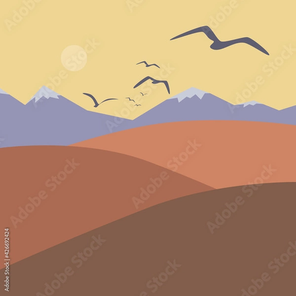 Obraz Minimalist landscape with sun, mountains and birds. Flat design. Vector illustration.