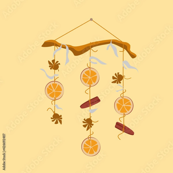 Obraz Handmade mobile with cones, oranges and cinnamon sticks. Decorative elements. Nature concept. Vector illustration.