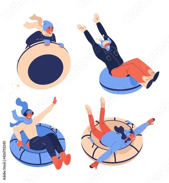 Fototapeta Snow tubing people isolated on white. Vector collection of various cartoon characters riding ice donuts and smiling