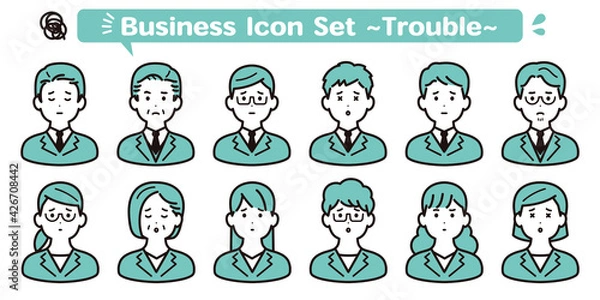 Obraz シンプルなビジネスの人物アイコン素材セット　困る・悩む