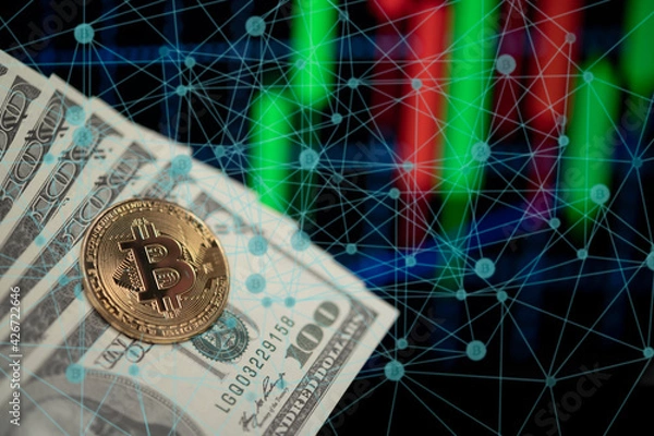 Fototapeta Bitcoin with dollar - investments, success and business ideas