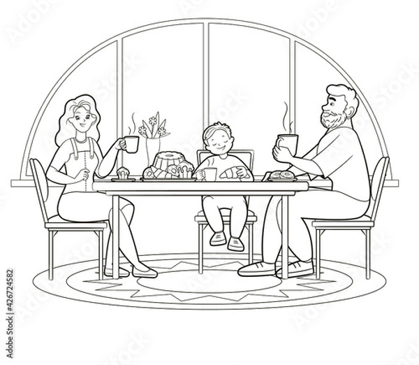 Fototapeta Coloring book mom, dad and son drinking tea and eating sweets at the big table.Vector illustration for children, black and white line art