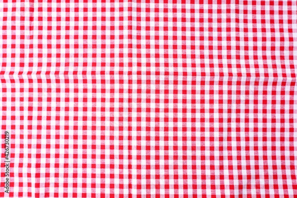 Fototapeta Dining table cloth texture, checkered table, red, white pattern for background, backdrop. Used for cover dining table in kitchen room.