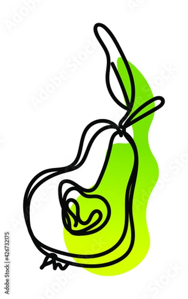 Fototapeta Vector illustration of pear in one line endless style. Green and yellow abstract spot background. Can be applied as a sticker, icon, logo.