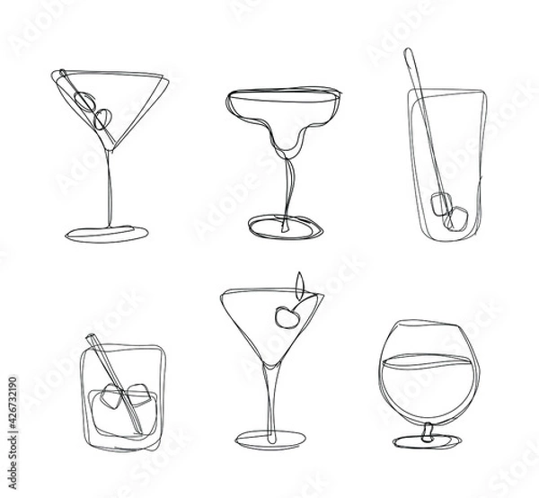 Fototapeta Vector illustration of a set of glasses with cocktails in one line style. The collection can be used individually. Can be applied to icons, logos, stickers.