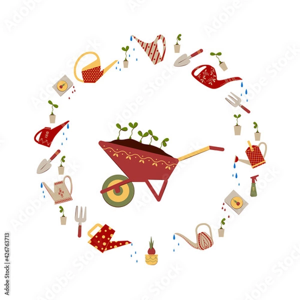 Fototapeta Wheelbarrow with seedling of young plants in a round frame. Equipment for garden. Frame made of watering cans, seeds, water drops and garden tools.