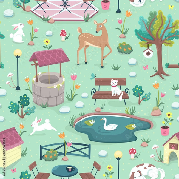 Obraz Happy little white bunnies, a cat, a dog, a deer in a colorful flower field in a park with a pond on a green background. Seamless surface repeat vector pattern.