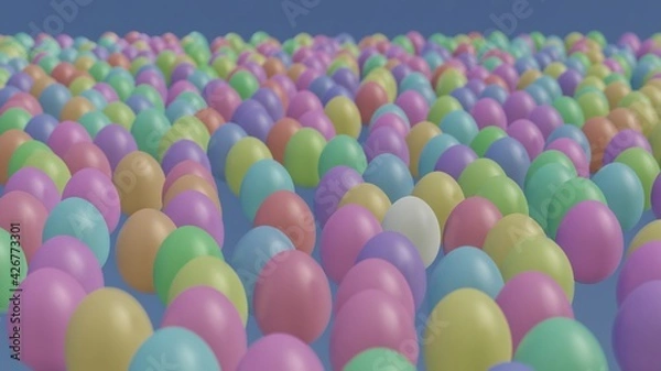 Obraz White egg among many colored painted Easter eggs on plane, 3D rendering