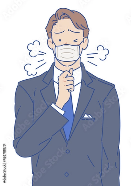 Fototapeta 咳き込むスーツの男性 ゴホゴホ マスク シンプル