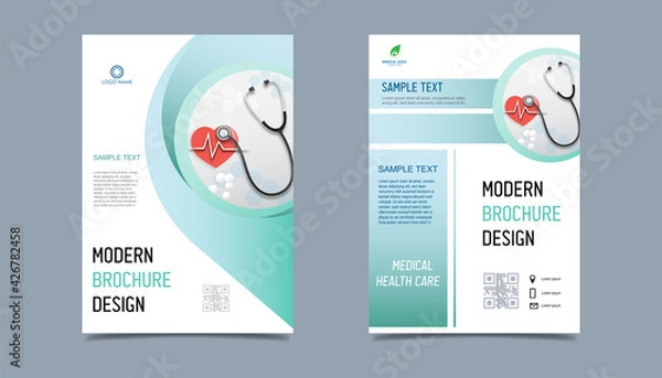 Fototapeta Medical health care flyer brochure template design, flyer template of health care with white background for text, space for picture and blue lines decoration. vector illustration 