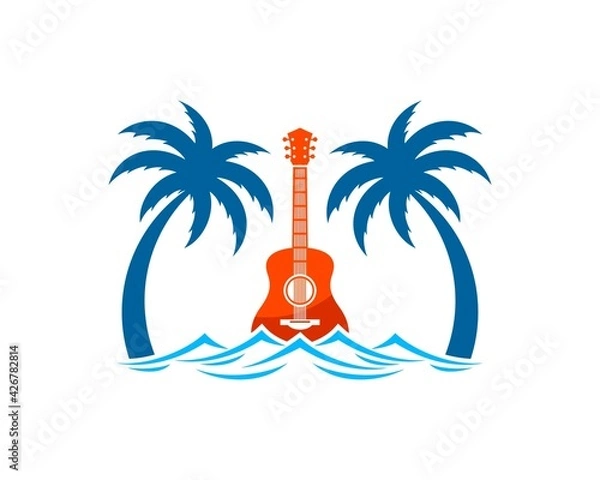 Fototapeta Palm tree with beach wave and guitar inside