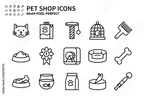 Fototapeta Simple Set of Pet Shop Vector Line Icons. Contains icons like Cat head, Pet milk, Bird cage, Pet food and more. 64x64 Pixel Perfect.