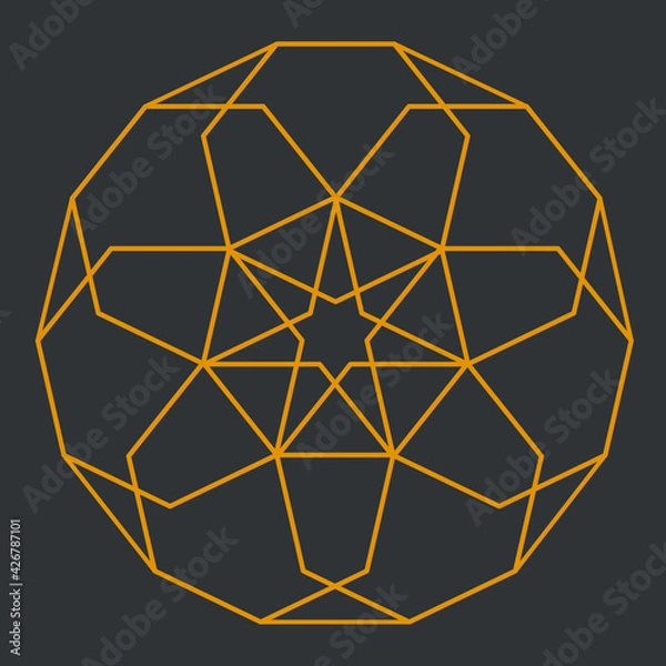 Fototapeta A simple geometric line art pattern of connected heptagon shapes with a star at the center in orange color on a grey-brown background, vector illustration