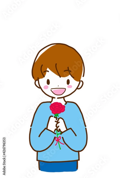 Fototapeta 母の日にカーネーションを手に持つ男の子の線画イラスト