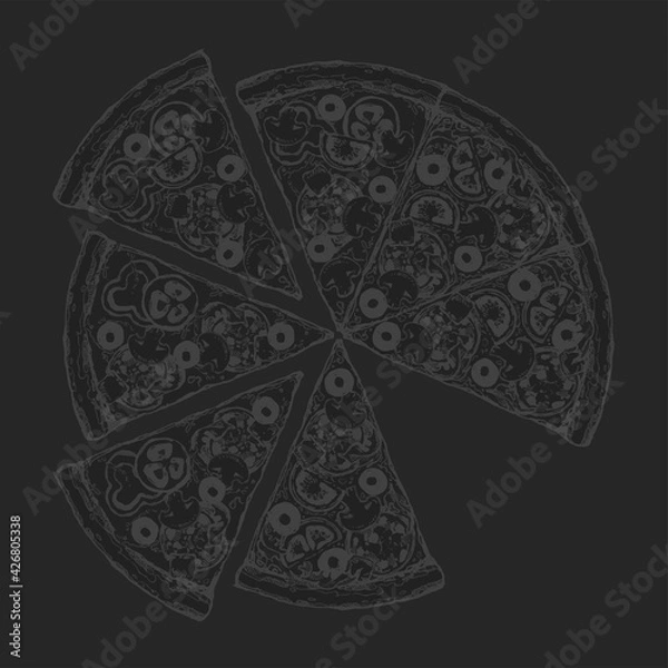 Fototapeta Vector drawing, pizza, table, organic food ingredients. Hand drawn pizza illustration. Great for menu, poster or label.