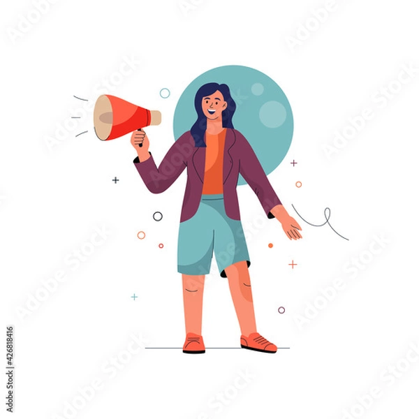 Obraz Join us concept. Woman shouts into megaphone attracting new customers