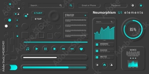 Fototapeta User interface elements for mobile app. Neumorphism User interface design kit. Neumorphism UI UX icons set.