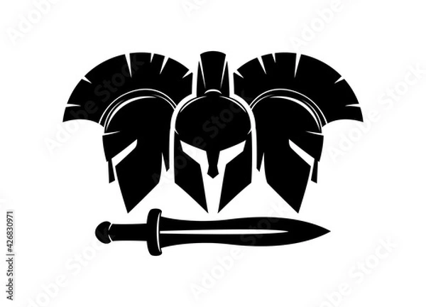 Fototapeta Three spartan helmet and sword icon on white background.