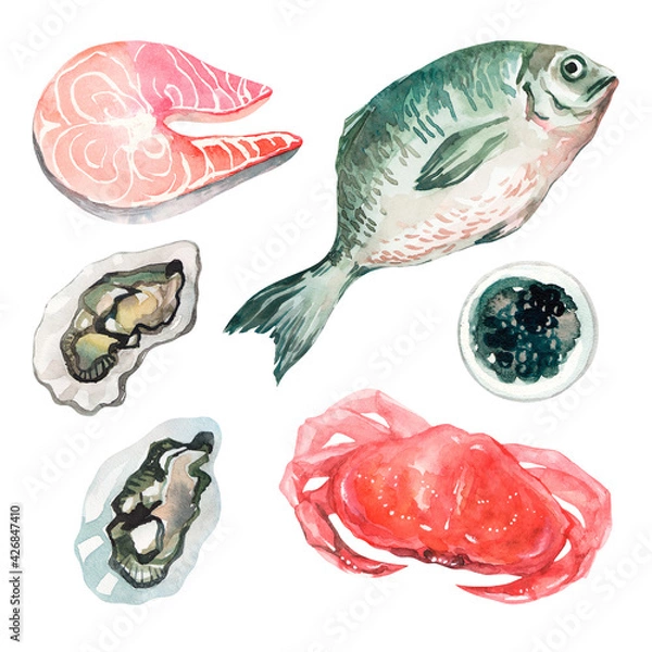 Fototapeta Watercolor set with seafood on a white isolated background. Crab, salmon fillet, black caviar, fish and oysters. Clipart with seafood. Mediterranean Kitchen. Set with seafood for cafes and restaurants