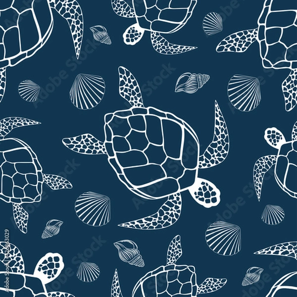 Obraz Seamless texture with the image of turtles and shells.