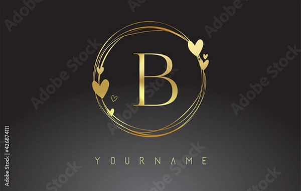 Fototapeta Letter B Logo with golden circle frames and golden hearts.