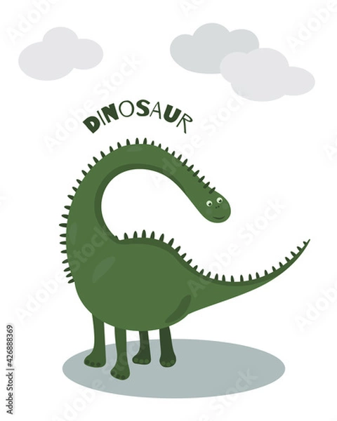 Obraz Postcard with cute green dinosaur - brontosaurus. 