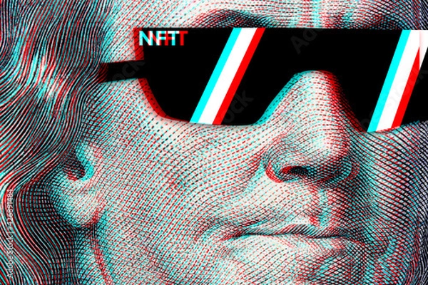 Fototapeta Concept cryptographic nft on a hundred-dollar bill franklin in glasses