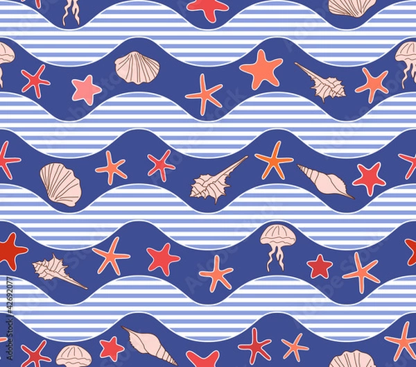 Obraz seamless pattern with waves, stars, jellyfish and seashells