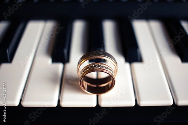 Fototapeta Two wedding rings on a piano with dark background