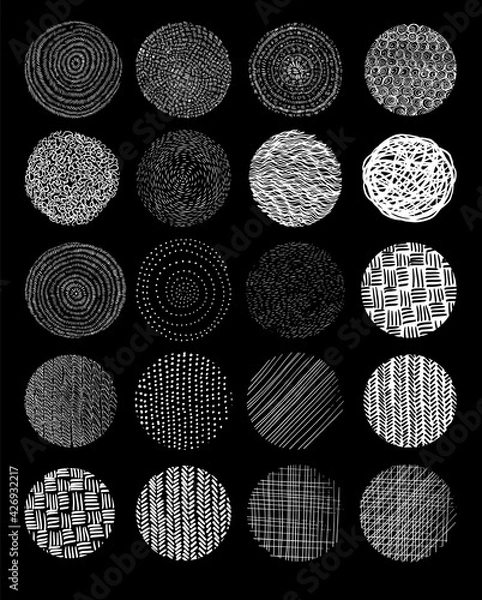 Fototapeta Set of abstract vector halftone stains. Black blots made of round particles. Modern illustration with dark, murky spots. Splattered array of dots. Gradation of tone. Elements of design.