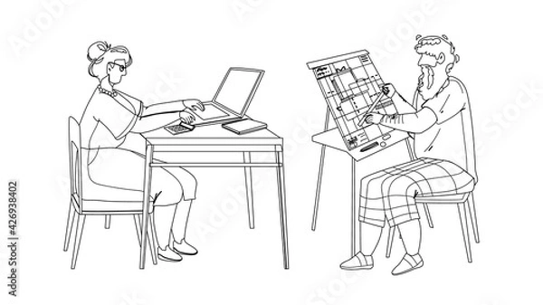 Fototapeta Man And Woman Senior Working Togetherness Black Line Pencil Drawing Vector. Grandmother Working At Laptop And Grandfather Engineer Work With Blueprint Plan. Elderly Characters Occupation Illustration