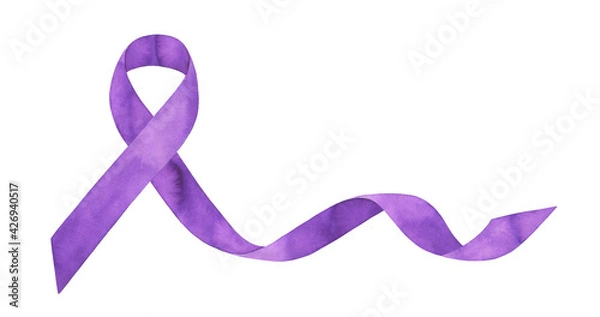 Obraz Watercolor drawing of purple waving decorative ribbon with artistic brushstrokes and stains. Hand painted water color graphic illustration, cut out clip art element for design, banner, poster, print.